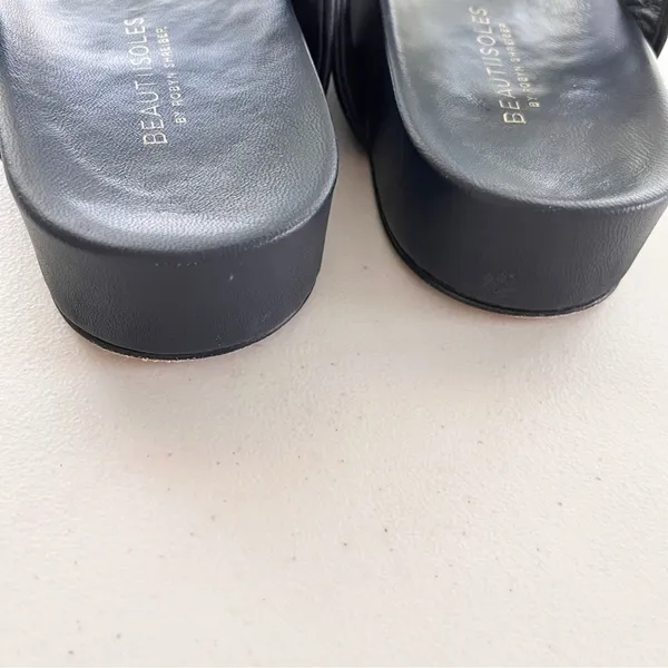 Beautiisoles Navy Blue Double-Strap Leather Minimalist Summer Slide Sandals - Image 6
