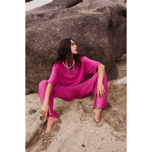 Free People Beach Sola Fiji Hot Pink Open Knit Wide Leg Pants Medium NWOT - Image 12