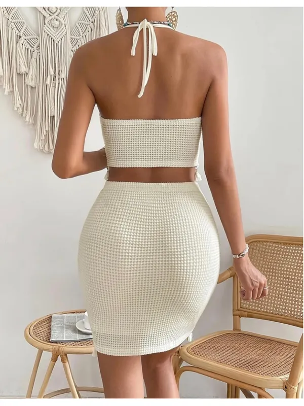 NEW Cream Crochet Halter 2-Pc Set Tassel Trim Crop Top & Bodycon Skirt XL - Image 2