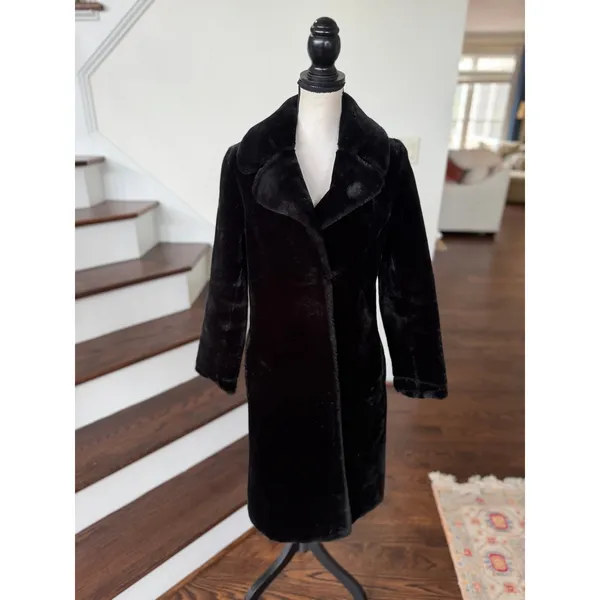 Vintage Black Faux Fur Mid Length Overcoat Mob Wife Glam Winter - Image 2