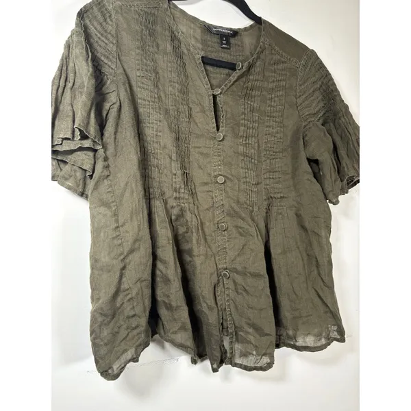 Banana Republic Top Olive Green Ramie Pintuck Pleated Button Down Earthy Small - Image 2