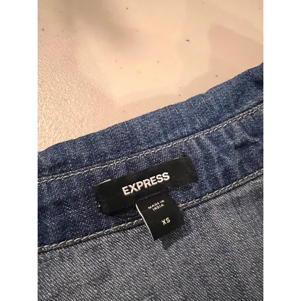 Express Blue Cotton Denim Puffed Long Sleeve Button Front Blouse Size XS - Image 6