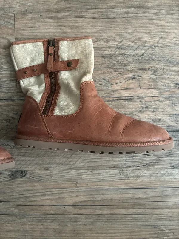 UGG Brown Leather and Cream Canvas Women's Ankle Boots - Image 6