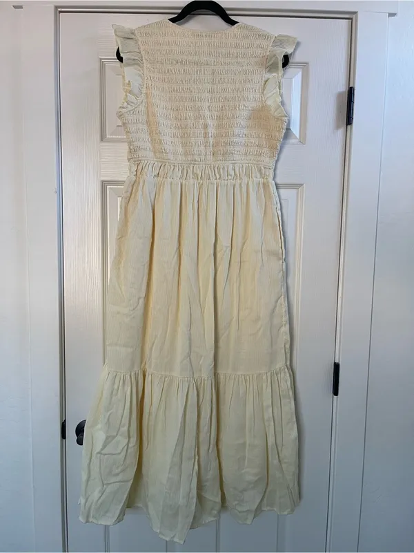 Quince Organic Textured Cotton Smocked V-Neck Midi Dress Pale Custard Yellow L - Image 12