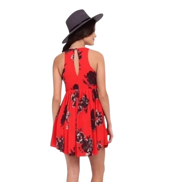 Free People Red Floral Flutterby Sleeveless Pleated Swing Dress 12 - Image 3