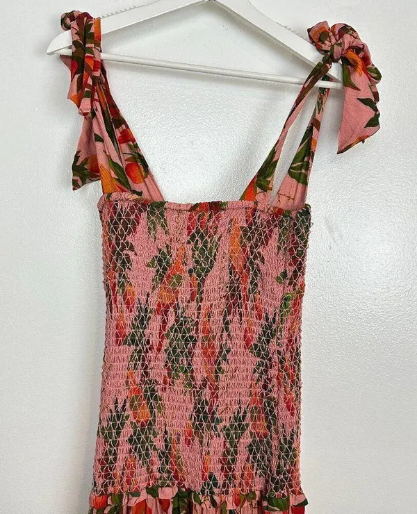FARM RIO Mango Trees Smocked Bodice Midi Dress in Mango Trees Pink Size Small - Image 12