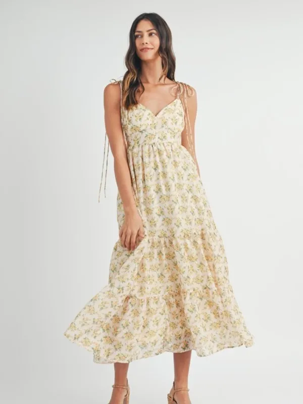 Floral print double self tie spaghetti strap tiered midi dress. Medium - Image 2