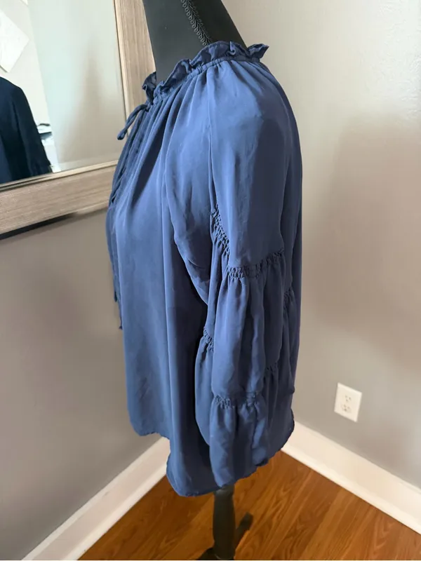 Current Air Ruffle Tie Boho Peasant Navy Sheer Fairycore Blouse Medium - Image 4