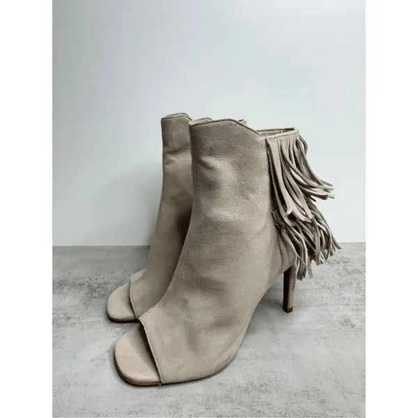 Vince Camuto Booties Size 5 Tan Suede Fringe Stiletto Heels Peep Toe‎ - Image 3