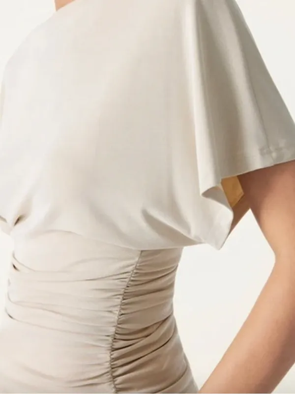 NWT Women’s OGL Short Sleeve Draped Ruched Tee Top Beige Size M - Image 3