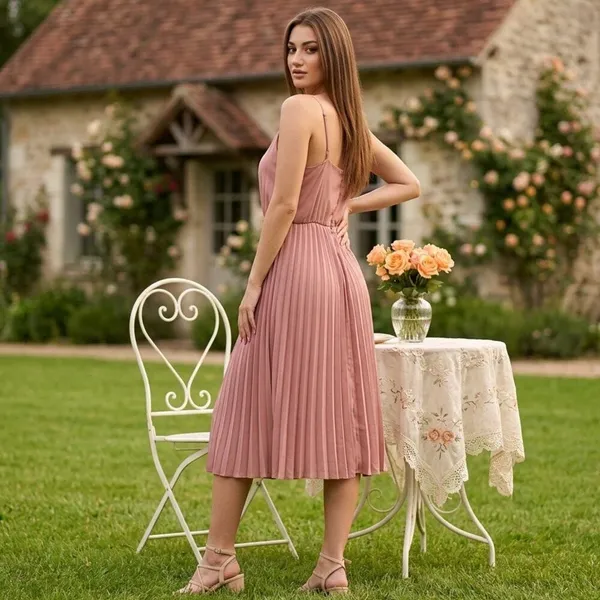 Women's Pink Pleated Sleeveless Midi Dress Size Medium - Image 7