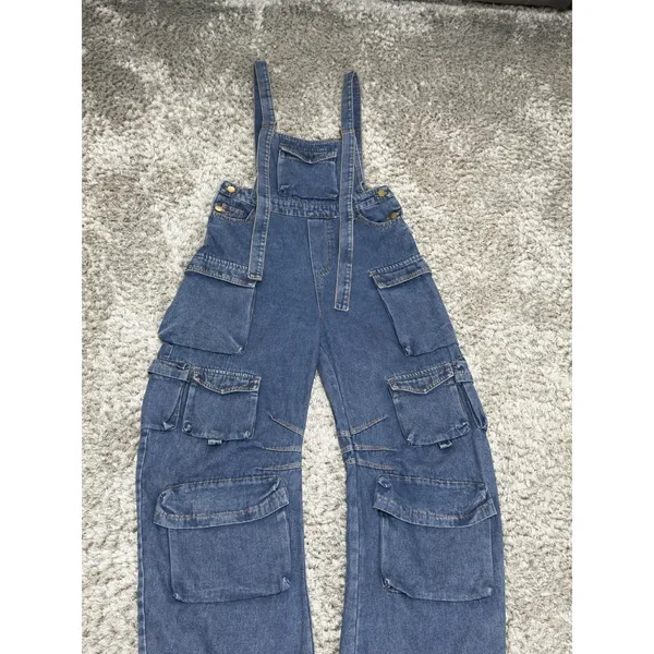 N.1LA Women’s Barrel Leg Denim Overalls Size M Y2K Cargo Jeans Multi Pocket - Image 2
