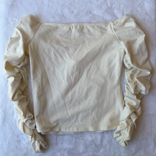 Reformation Womens Aloura Off Shoulder Ruched Sleeve Ivory Top Medium - Image 6