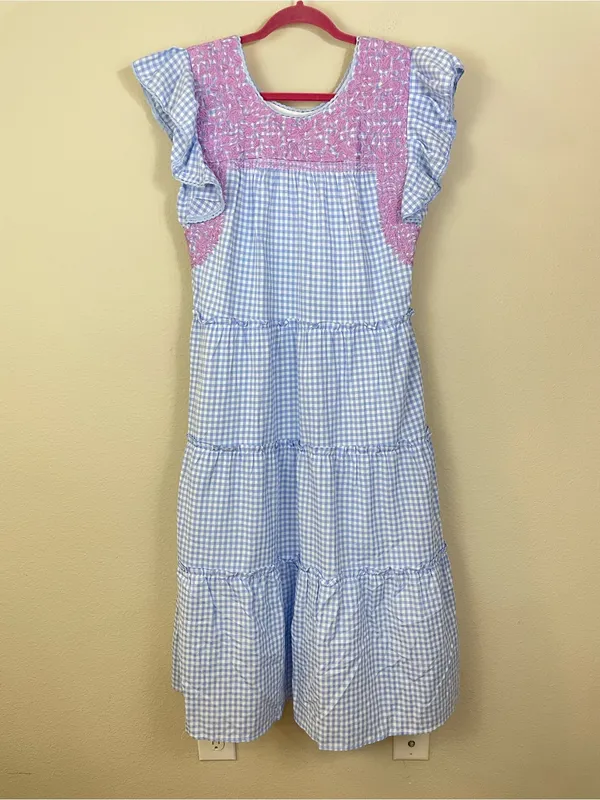 J. Marie Blue Gingham Plaid Flutter Sleeves Floral Embroidery Tiered Midi Dress - Image 2
