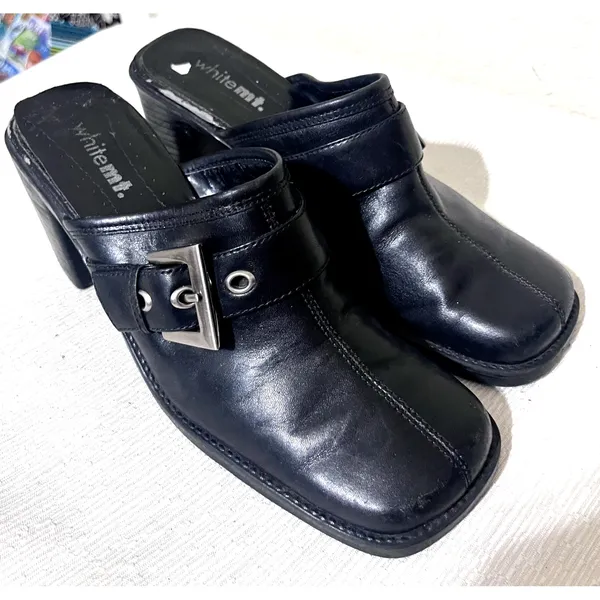 White Mountain Bretta Black Leather Mules Square Toe Buckle Chunky Heel Clogs 8M - Image 2