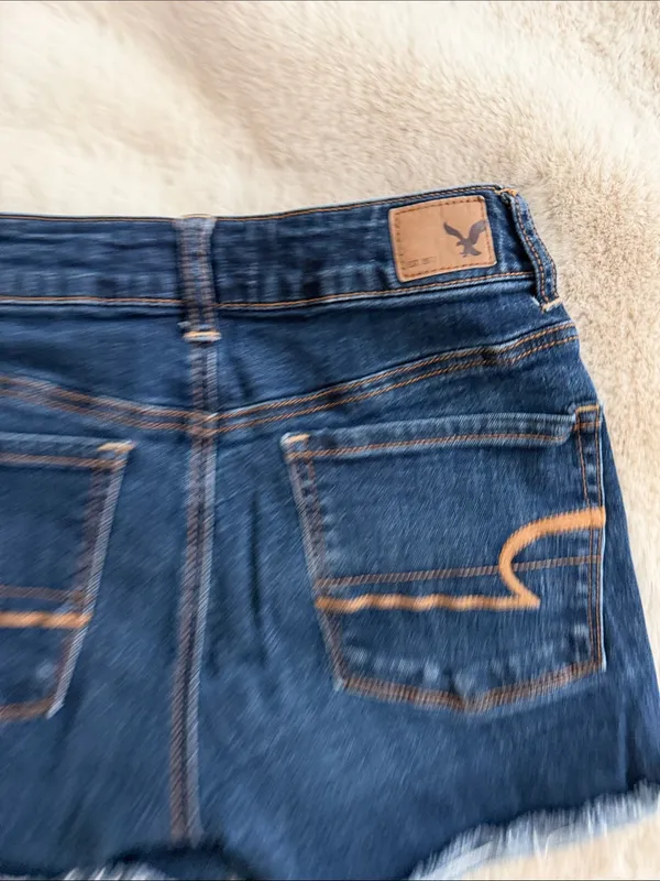 American Eagle Outfitters Dark Blue Denim Frayed-Hem Jean Shorts - Image 4