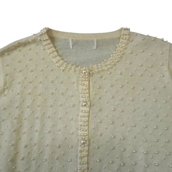 Vintage Cream Faux Pearl Embellished Cardigan Sweater Scalloped Hem Feminine‎ - Image 2