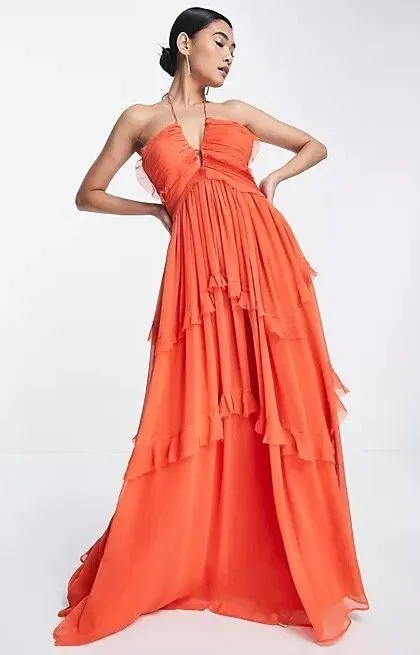 ASOS NWT DESIGN halter neck key hole detail tiered maxi dress in orange - Image 7