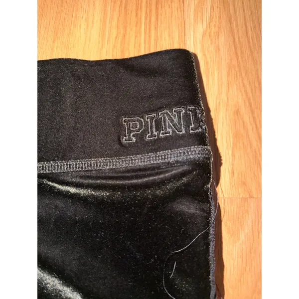 Victoria's Secret PINK Black Velvet Leggings White Side Stripe Velour Pants M - Image 4