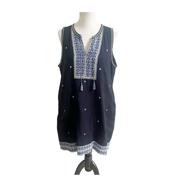 Madewell Suncoast Embroidered Shift Dress Women's Sz 12 Sleeveless Black Tassel - Image 2