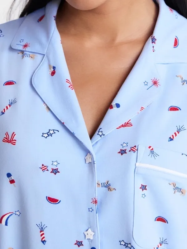 Light Blue American Printed Short-Sleeve Pajama Top and Shorts Set - Image 4