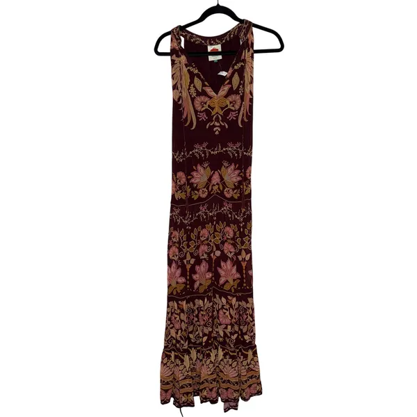 Farm Rio Maxi Dress Women Medium Burgundy Floral Tiered Beaded Tassel Boho - Image 5