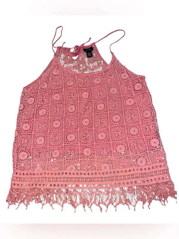 Rue 21 Pink Crochet Fringe Tank Top Boho Festival Beach Cami Lined L - Image 3