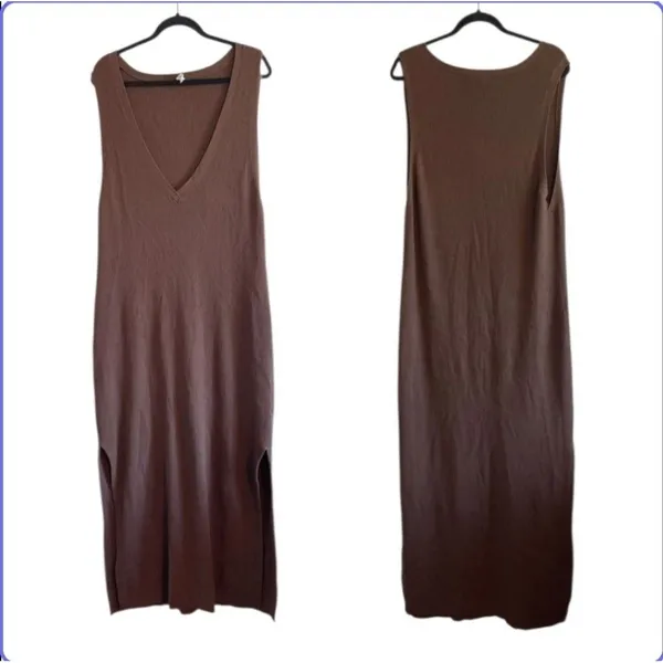 Anthropologie Maxi Dress Daily Practice Slim V Neck Brown Ribbed Women Small - Image 2