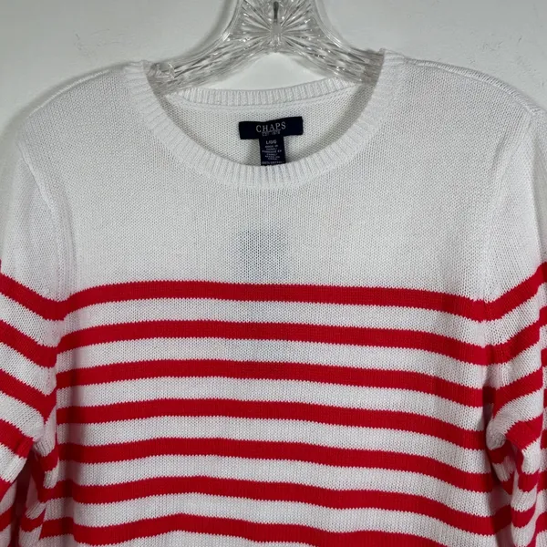 Chaps Womens White Red Striped Cotton Crew Neck Sweater Large - Image 3