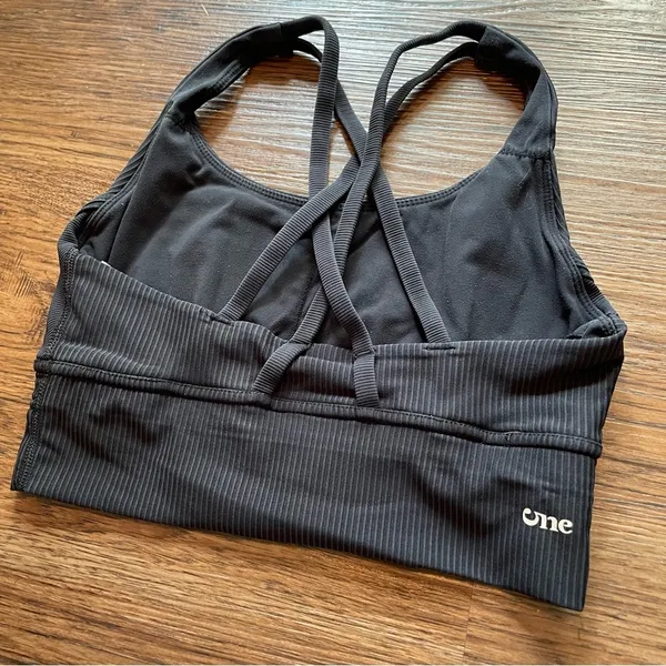 One Activewear Sports Bra Black Washed Ribbed Longline Sz 6 Strappy Back - Image 4