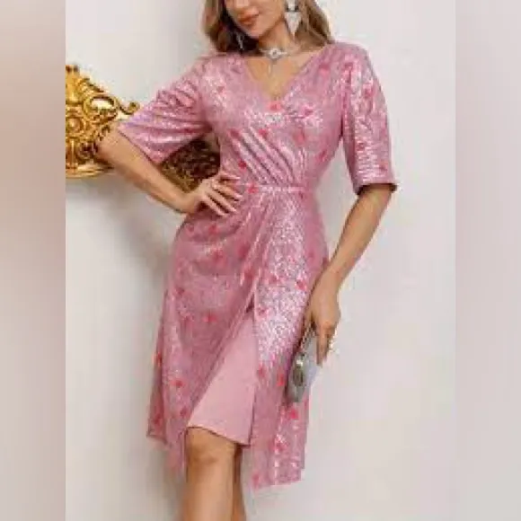 Faeriesty Glam Pink Sequin Midi Dress Sparkle Luxury Luxe Hearts Dance Party M - Image 5