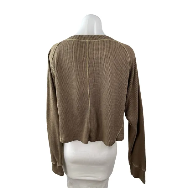 Free People Early Night Contrast Stitch Cropped Henley Waffle Knit Thermal Top L - Image 5