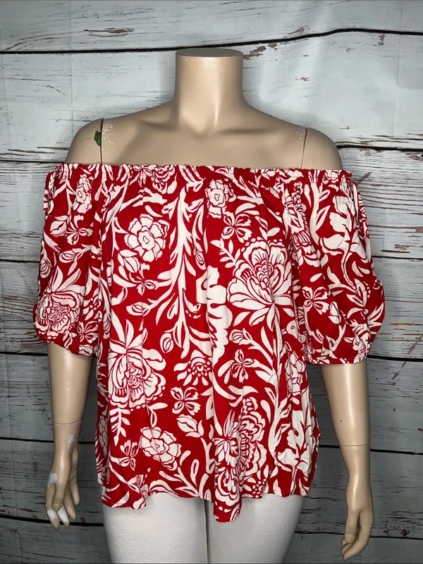 Knox Rose Size XXL Red & Off White Floral Print Off the Shoulder Blouse Top - Image 2