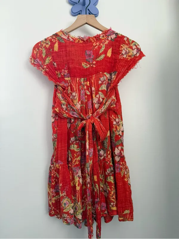 Free People Med Maia Mini Dress Red Gauze Floral Resort Front Wrap Tie Tropical - Image 8