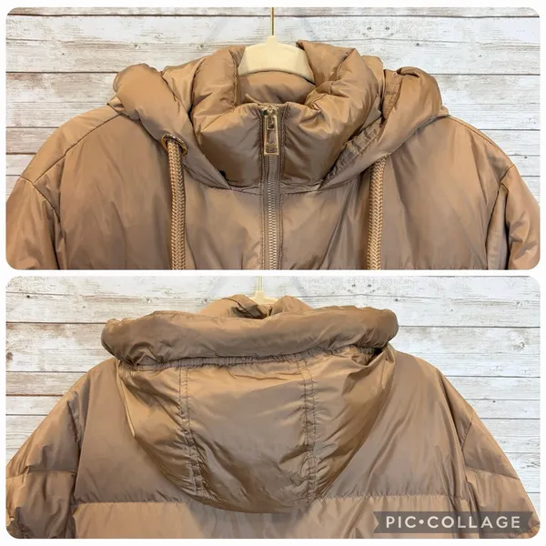 Zara Womens M Jacket Down Puffer Bronze‎ Brown Hooded Oversized Long EUC Pockets - Image 5