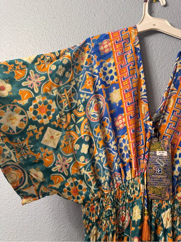 Floral silk maxi dress Geo-Print V-Neck in Teal and Orange nwt - Image 3