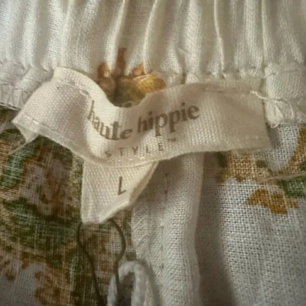 Haute Hippie Peasant Blouse L NWT Printed Boho Festival Linen Blend Off Shoulder - Image 5