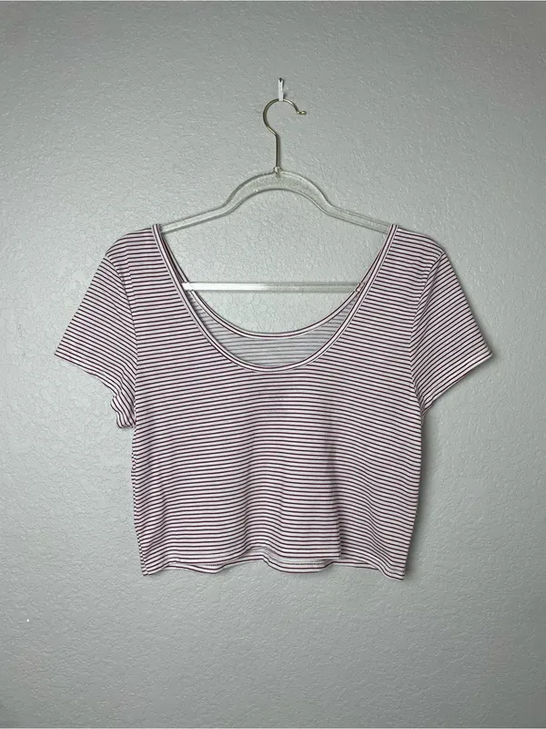 American Eagle Striped Scoop-Neck Crop Top - Maroon/White Size L - Image 3
