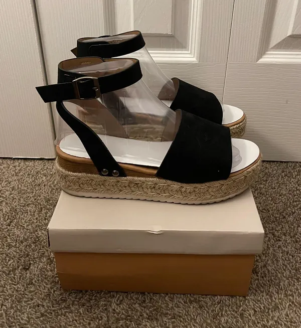 SheIn Black Open Toe Buckle Ankle Strap Espadrilles Flatform Wedge Casual Sandal - Image 8