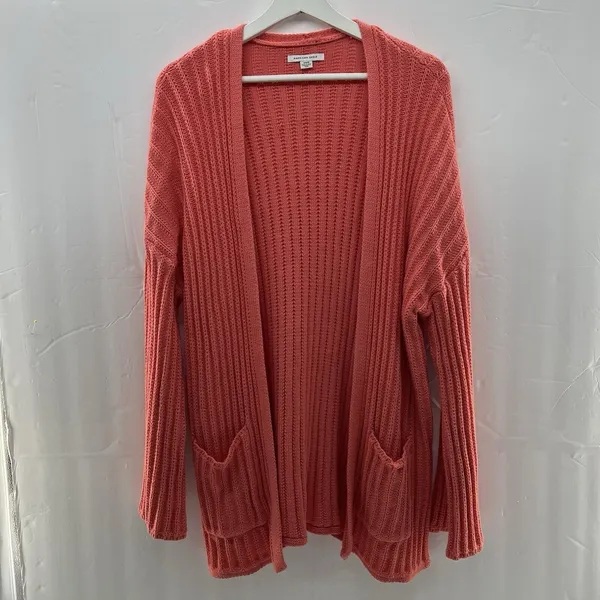American Eagle Medium Cardigan Sweater Open Front Ribbed Coral Pink Knit Pockets - Image 3
