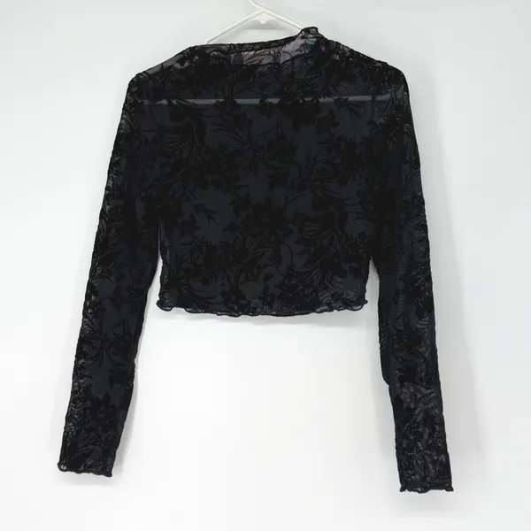 Black Floral Velvet Burnout Sheer Mesh Mock Neck Crop Top Long Sleeve‎ Alt Goth - Image 2