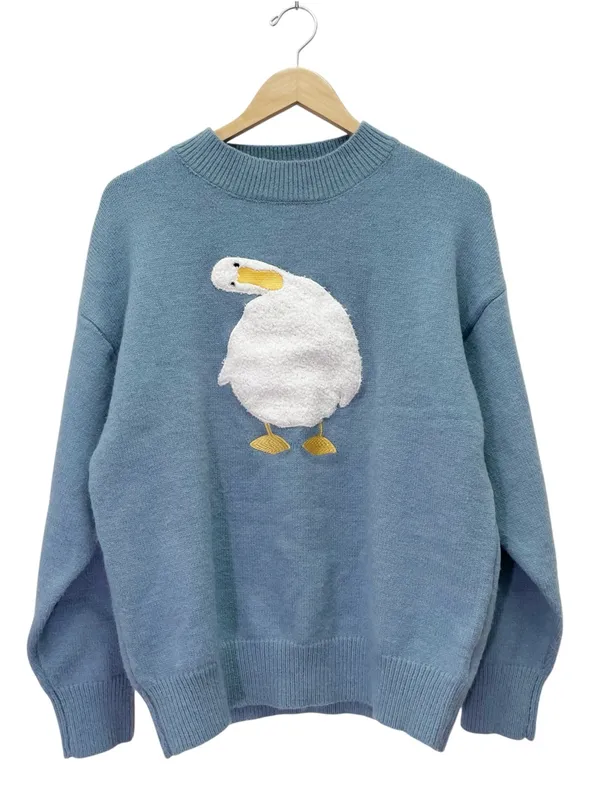 Aelfric Eden Duck Sweater XS Blue Chenille Applique Oversized Crewneck Pullover - Image 2