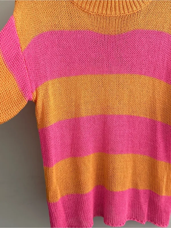 Bibi Orange & Pink Striped Knit Short Sleeve Sweater Medium - Image 4