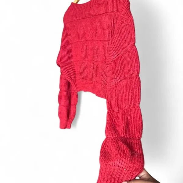 Red Cropped Knit Sweater Textured Balloon Sleeve Y2K Indie Sleaze S - Image 2