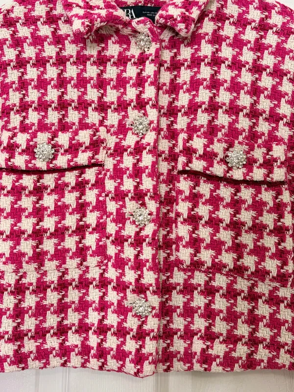 Zara XS Pink White Houndstooth Cropped Tweed Jacket Rhinestone Buttons Preppy Chic - Image 5