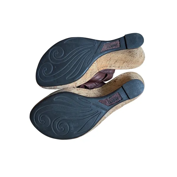 BORN Women's Brown Leather Knotted‎ Wedge Mules Sandals Size 8 39 Cork - Image 5