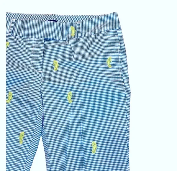 J.Crew Blue White Gingham Lime Green Embroidered Seahorse Pants Lightweight 8 - Image 2