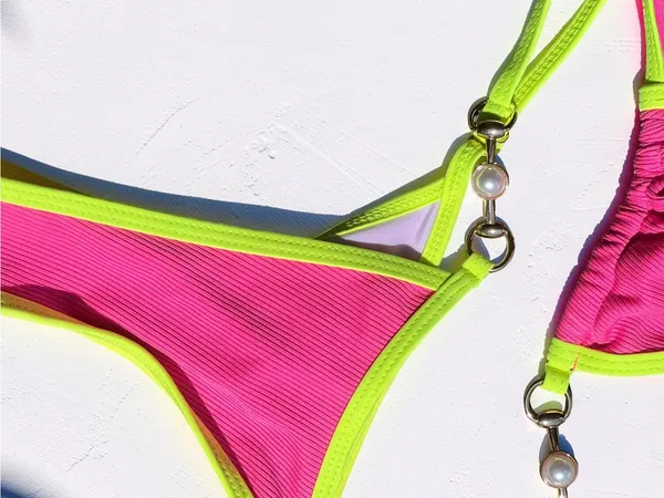 Hot Pink & Neon Yellow Pearl Accent Bikini Set Small - Image 6