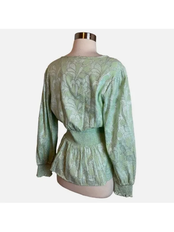 $118 Roller Rabbit Top Mint Green Metallic Jacquard V Neck Long Sleeve S - Image 5