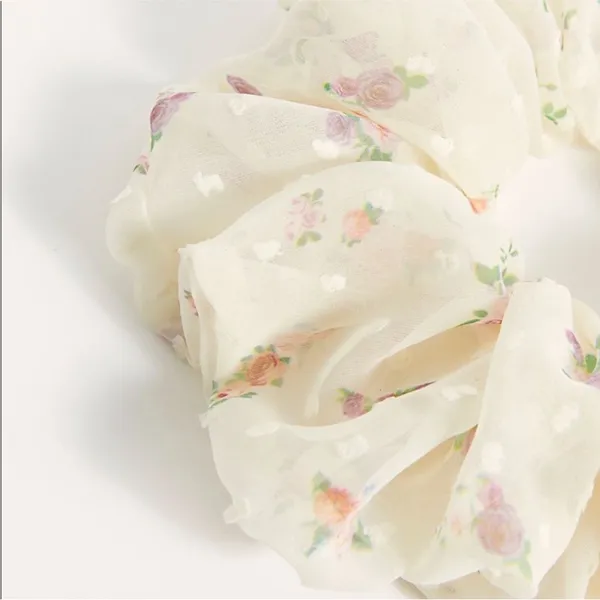 Free People Cottage Boho Floral White Large Fluffy Hair Scrunchie Accessory - Image 4